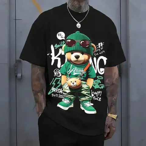 Men's Round Neck Short-Sleeve Cotton T-Shirt - Hip-Hop Teddy Art Print, Harajuku Retro Casual Loose Fit, New Year Spring Summer Trendy Top