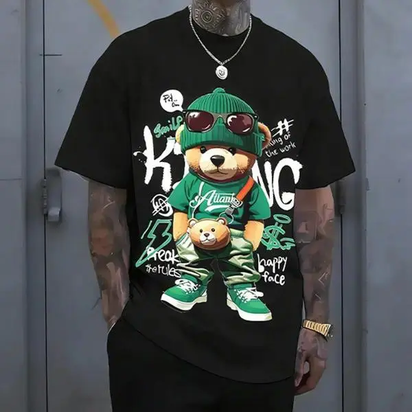 Streetwear hip-hop teddy bear print men’s T-shirt, Harajuku retro casual short-sleeve top, Y2K-style loose trendy tee. tiktokshopspringglowup,summervibes