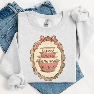 [Sale off up to 50%] Vintage Thrifted Pink Pyrex Sweatshirt, Grandma Core Shirt, Coquette CottageCore Oval Frame 90's Shirt, Homestead Mama, streetwear graphic tee