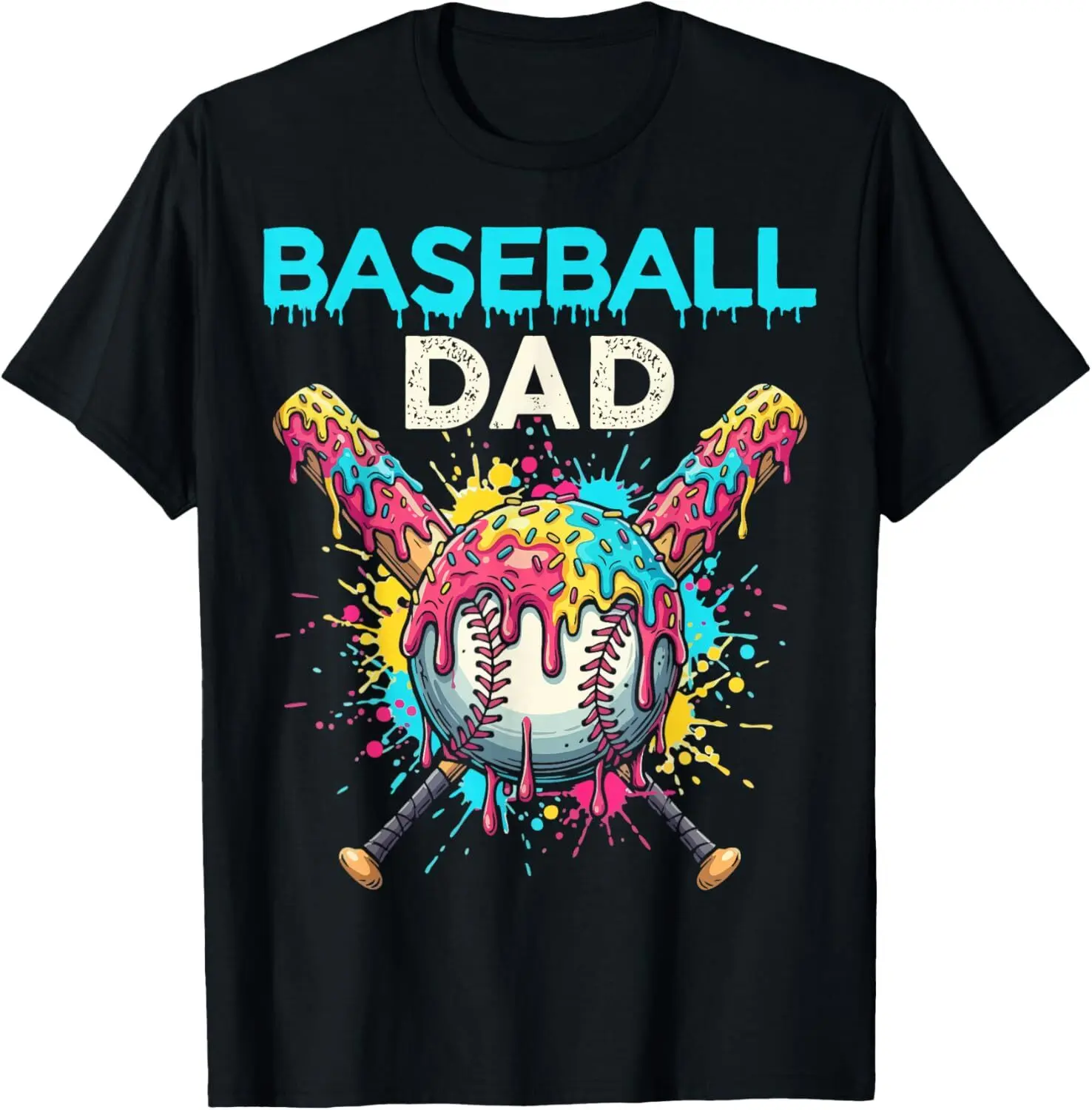 Baseball Dad Ice Cream Drip Crossed Bats Sport T-Shirt Cotton Fabric