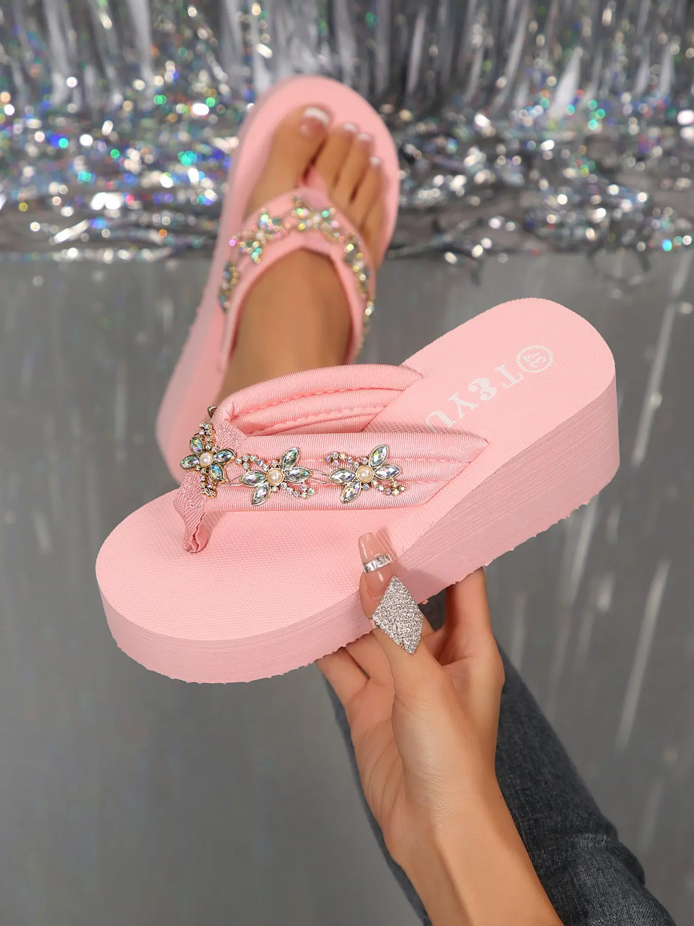 Women's Thick Sole Rhinestone Design Fashionable Sandals, Elegant Fashion Casual Beach Slippers, Comfortable Daily Wear Flip Flop Slides, Summer