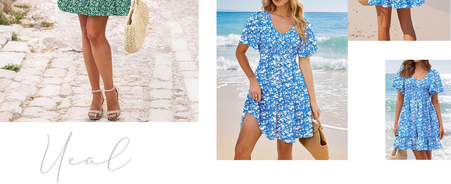 Genleck Women's Summer Floral Print Mini Dress - V Neck Flutter Sleeve Boho Sundress with Pockets for Vacation & Party