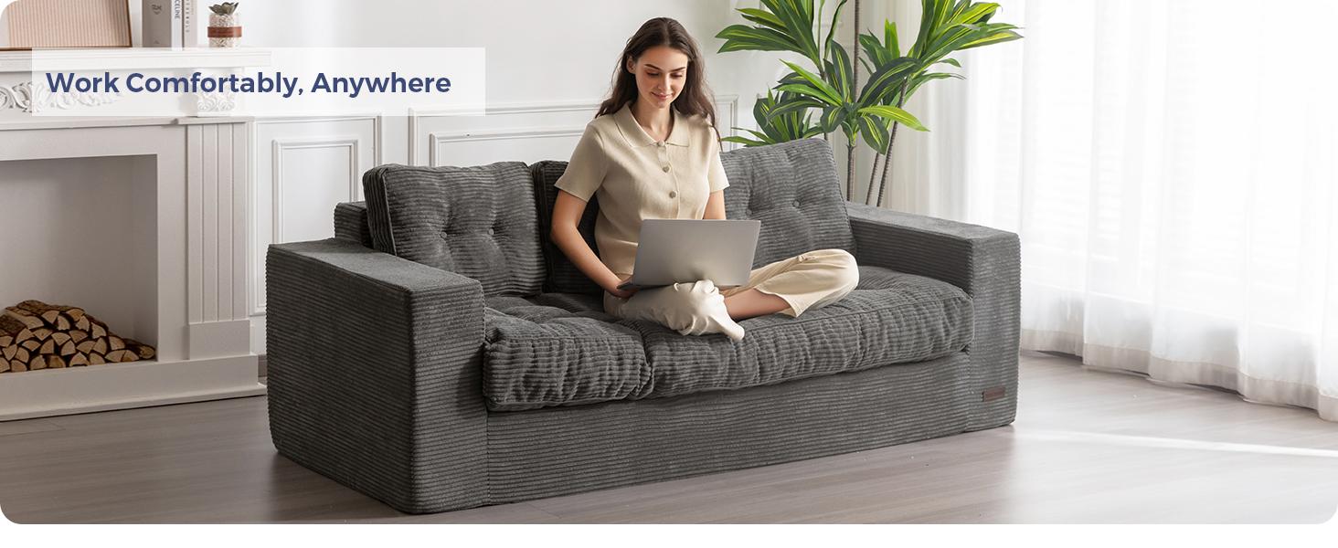 MAXYOYO 3 Seater Couch for Living Room, Boneless Couch with Tufted Cushion & Backrest, Upholstered Floor Sofa for Adults, No Assembly Required, Dark Grey