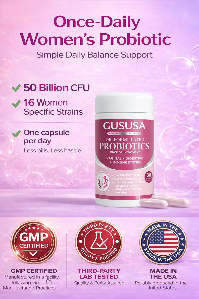 GUSUSA Women's Probiotic Capsules - 16 Strains 500 Billion CFU, Natural Moisturizing Relief for Dryness, pH Balance, Supports Gut & Immune Function - Restores Balance from the Inside Out, Sugar-Free Vegan Organic Prebiotic Formula