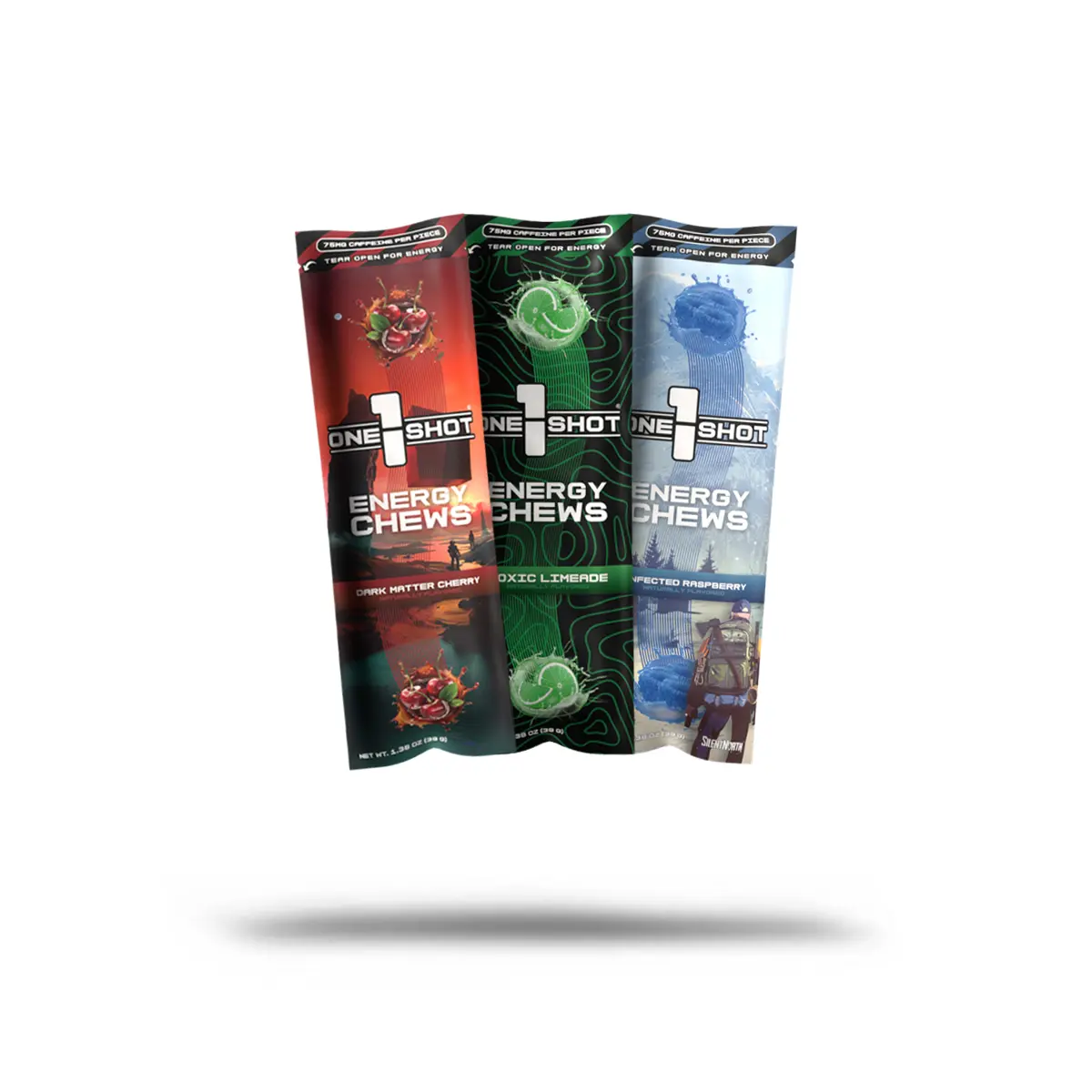 1 Shot® Energy Chews | Caffeine & Nootropic Infused Chews | 3 Sleeve (18 Pieces) Sample Pack | Immediate Energy, Low-Sugar | Dark Matter Cherry, Lemon Lime & Blue Raspberry | Candy Sports Chews