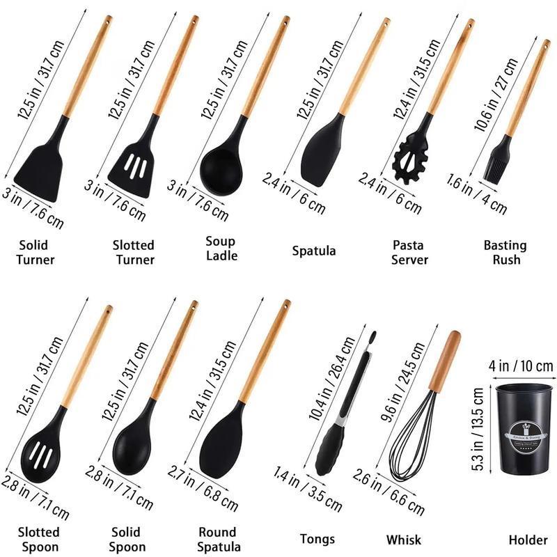 Wooden handle silicone kitchenware 12-piece set with round storage bucket, including non-stick spatula, spoon and blender, etc., perfect for Christmas,  Easter gifting. silicone kitchenware Set with Baking Tool. Utility. Cookware Kitchen Utensil Set