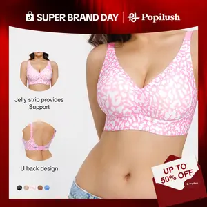 Popilush Seamless Wireless Leopard Print Jelly Bra - Adjustable strapless sexy V-neck one-piece molded cup bra, comfortable and supportive Minimalist Fit Womenswear