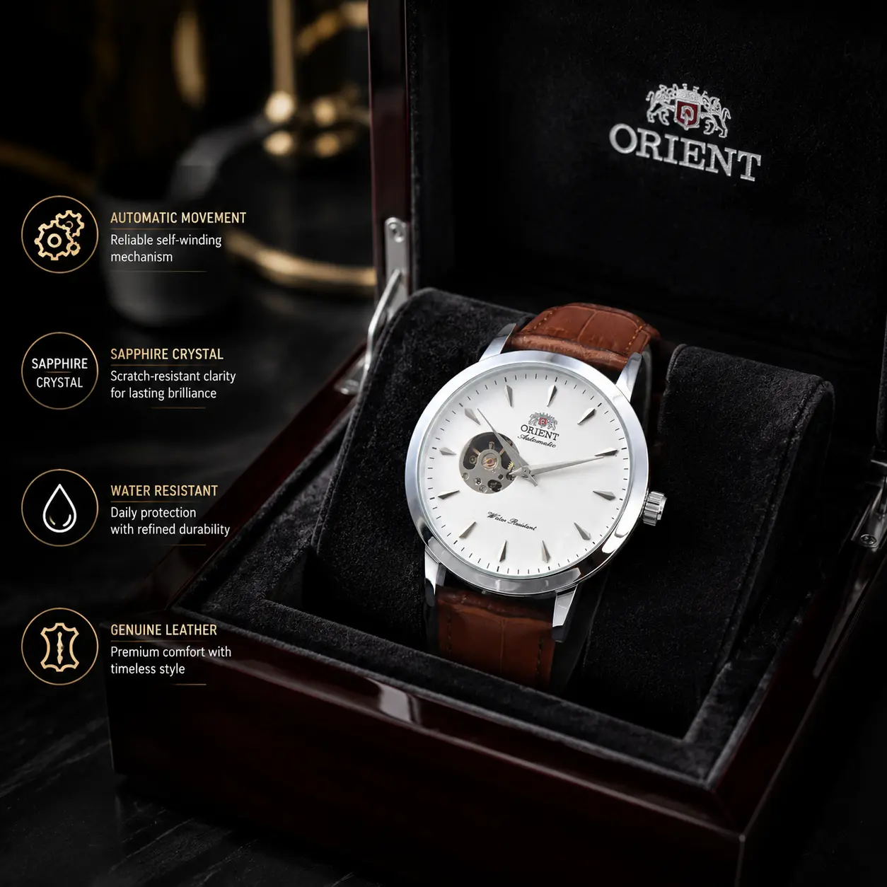 Pearlora Men's Brown Square Mechanical Watch - 2026 Model, Automatic Movement, Brown Leather Strap, Analog Chronograph, Casual Business Wristwatch, Dependable Functionality, Versatile for Casual & Formal Wear, Brown Square Mechanical Watches