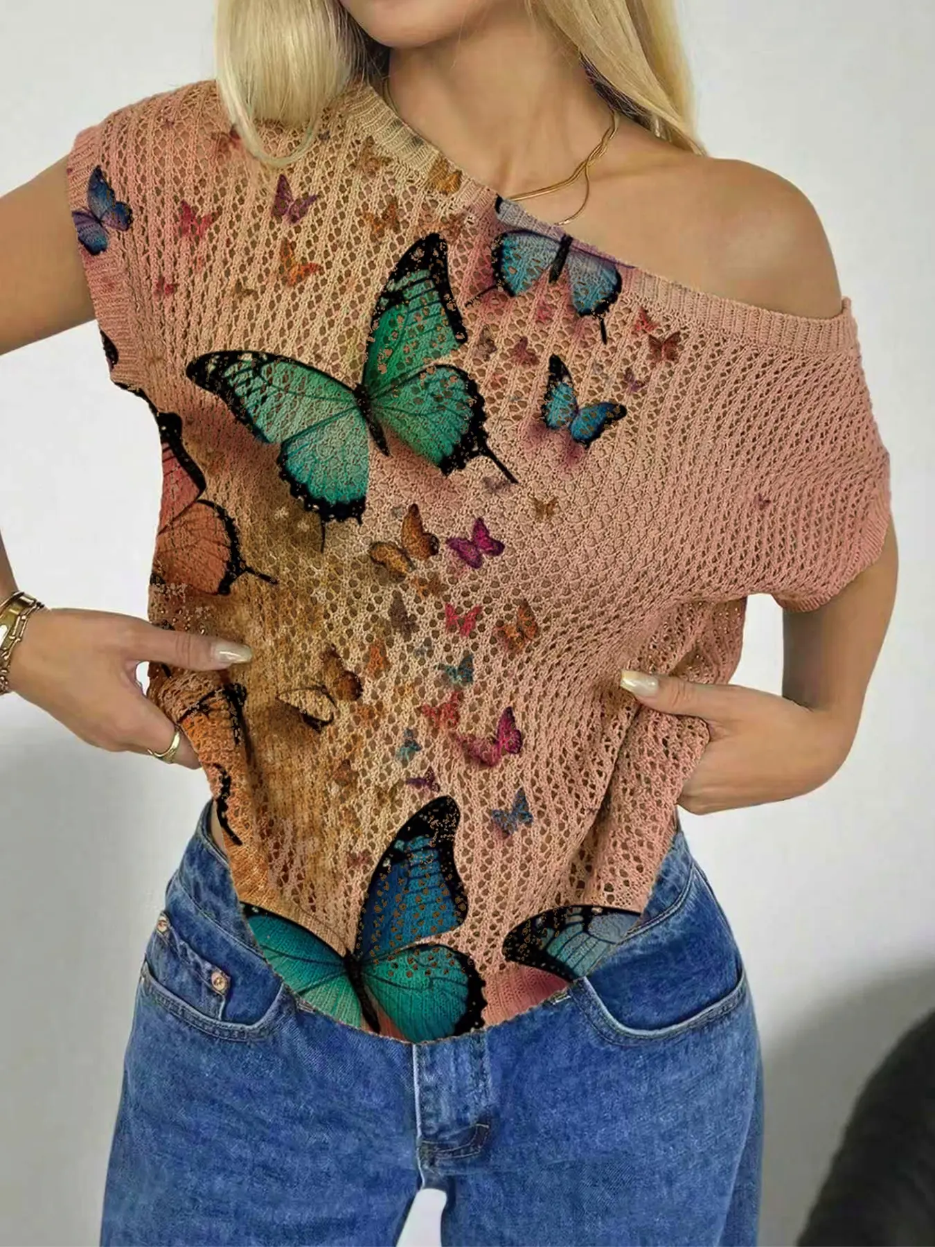 Spring Summer Women's Beach Vacation Style Classy Tops Asymmetrical Neck Shoulder Reveal Batwing Sleeve Semi-Transparent Lace, Butterfly Print Oversized Knit Top Womenswear