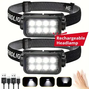 Rechargeable Headlamp Flashlight 2-Pack, 8 LED 2500 Lumen Ultra-Light Bright Headlight With Motion Sensor, Waterproof Lightweight Head Lamp For Adult Kid, Headlamps For Outdoor Camping Running Fishing