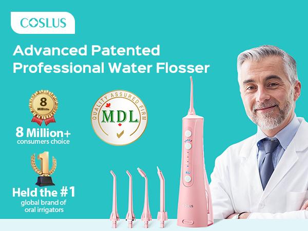 COSLUS Portable Water Flosser for Teeth: 4 Modes & 5 Intensity Levels Professional Electric Dental Pick for Sensitive Gums, Braces & Orthodontic - Cordless for Travel Use, for Adults, BPA-Free, Pink