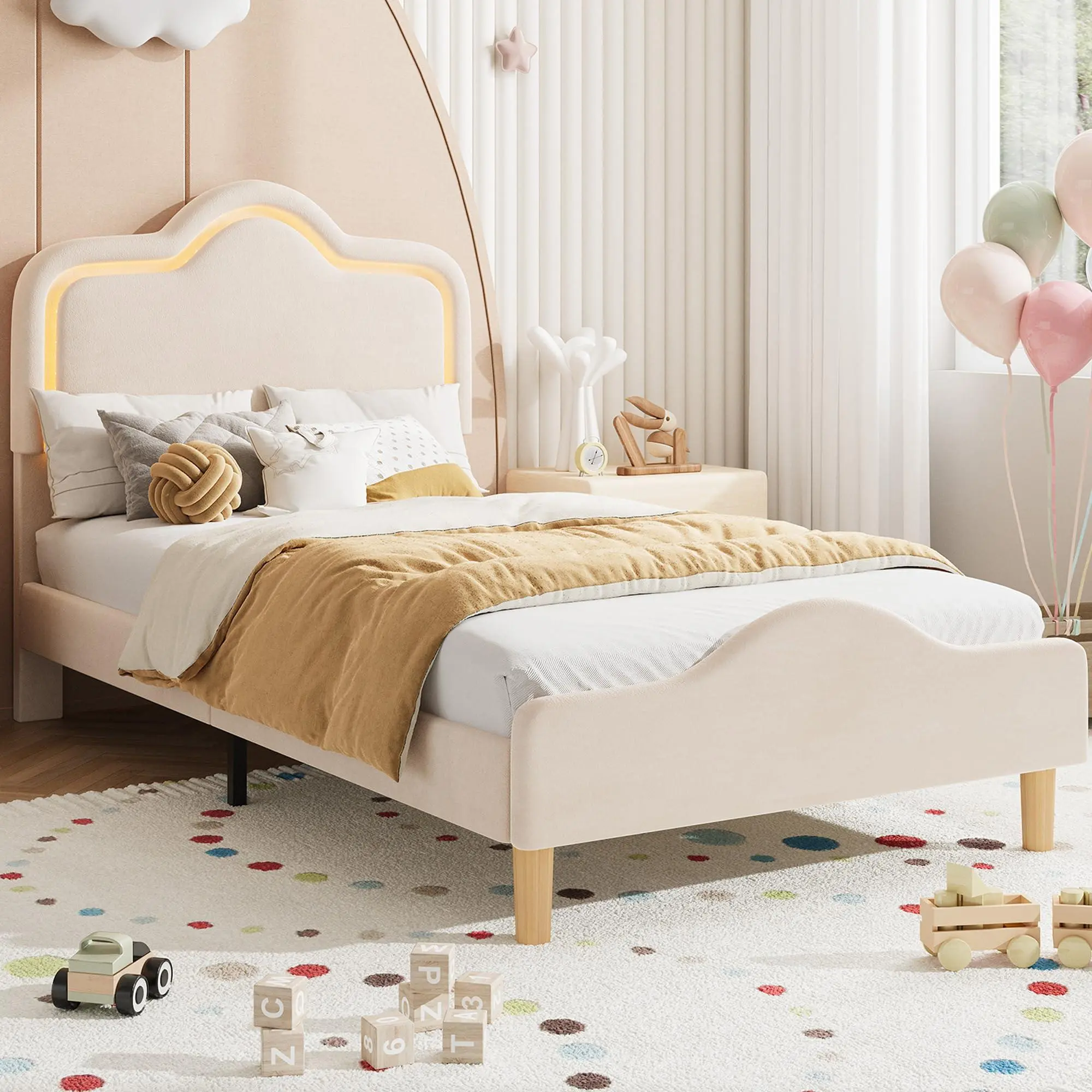 Twin Size Upholstered LED Bed Frame with Adjustable Headboard and Footboard, Velvet Princess Platform Bedframe for Kids/Girls, Wooden Slats Support, No Box Spring Needed, Easy Assembly, Beige