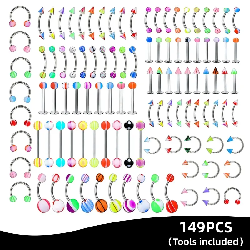 149pcs Dainty Body-Safe Piercing Jewelry Set - 14g/16g/18g/20g Kit for Nose, Brow, Ear Cartilage Piercings with Studs & Tools