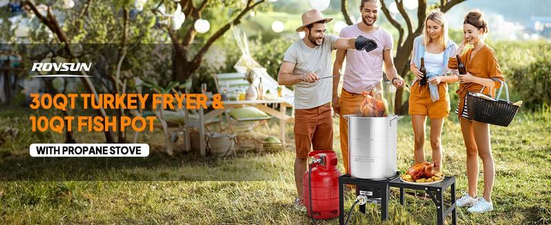 ROVSUN 30QT Turkey Fryer & 10QT Fish Fryer Kit with 54000BTU Propane Stove & Foldable Side Table, Aluminum Deep Fryer Pot for Outdoor Cooking Seafood Boiling w/Lifting Hook, Turkey Rack & Thermometer