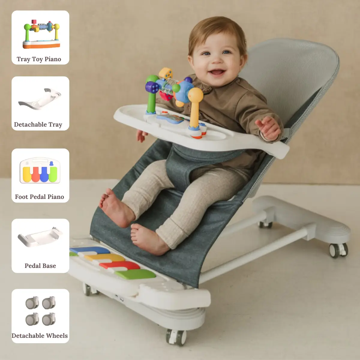 cuddo baby Bounce Chair, 4-in-1 Portable Newborn Bouncer with Breathable Mesh Seat, 3-Level Recline, Wheels, Musical Piano & Feeding Tray for Infants to Toddlers, Portable Bouncer, Parents, Unisex, 0 - 2 Years, Fabric, Bpa Free