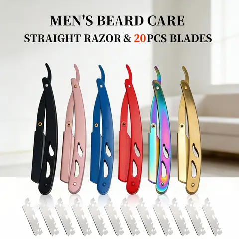 Professional Men's Manual Straight Metal Blade Razor - Stainless Steel Barber Handle, 20 Pieces Replaceable Blades, Ultra-Thin Edge, Easy Replacement, Foldable Open Face, Smooth Cut, No Nicks, Body Hair Removal Barber Equipment (Honey & Balm Compatible)