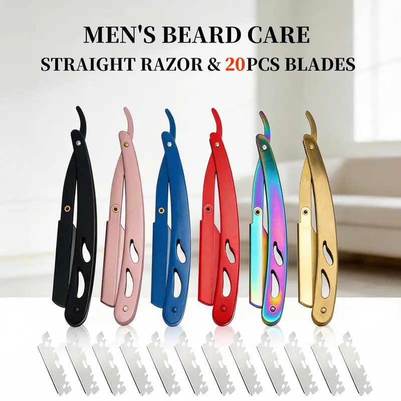 Professional Men's Manual Straight Metal Blade Razor - Stainless Steel Barber Handle, 20 Pieces Replaceable Blades, Ultra-Thin Edge, Easy Replacement, Foldable Open Face, Smooth Cut, No Nicks, Body Hair Removal Barber Equipment (Honey & Balm Compatible)