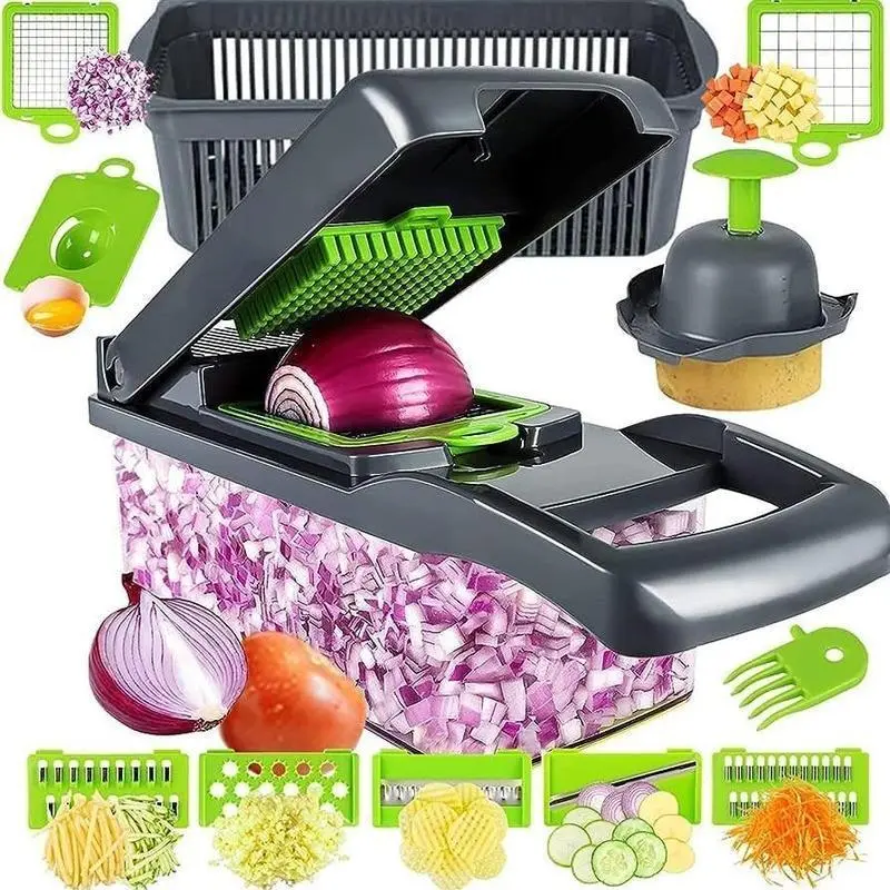 14 in 1 Multifunctional Veg Chopper Durable Slicer Grater Cutter Plastic Steel Stainless Grey Kitchen Accessory Utensils 420 Stainless Steel ABS Plastic 13.5x4.5x4.5 Inch Hand Wash Optional Color Gray White