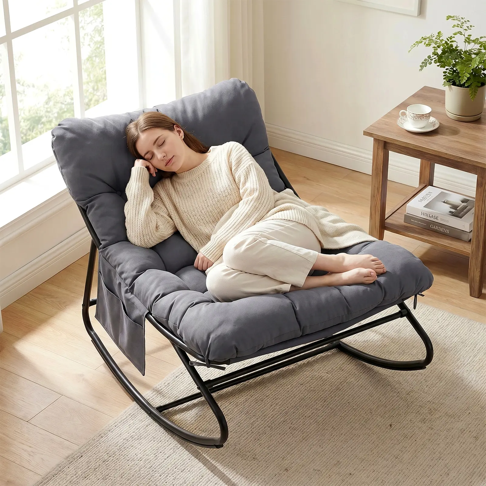 Arlopu Outdoor Papasan Rocking Chair with Ottoman, Lounge Chair with Cushion & Sturdy Metal Frame, Patio Rocker Chair for Balcony Backyard Porch Bedroom furniture homeessentials