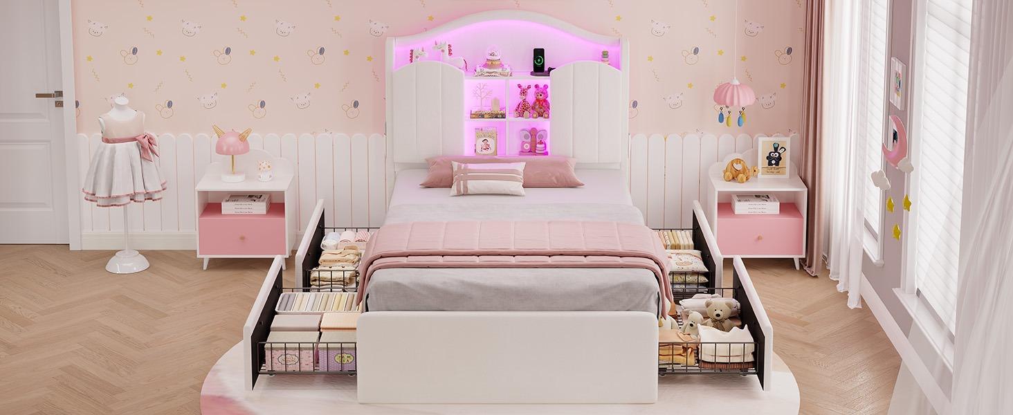 Sikaic Girls Twin Size Bed Frame with 4 Drawers & Hidden Storage Headboard LED Lights Charging Station Velvet Upholstered Strong Metal Slats No Box Spring Needed Noise Free Beige