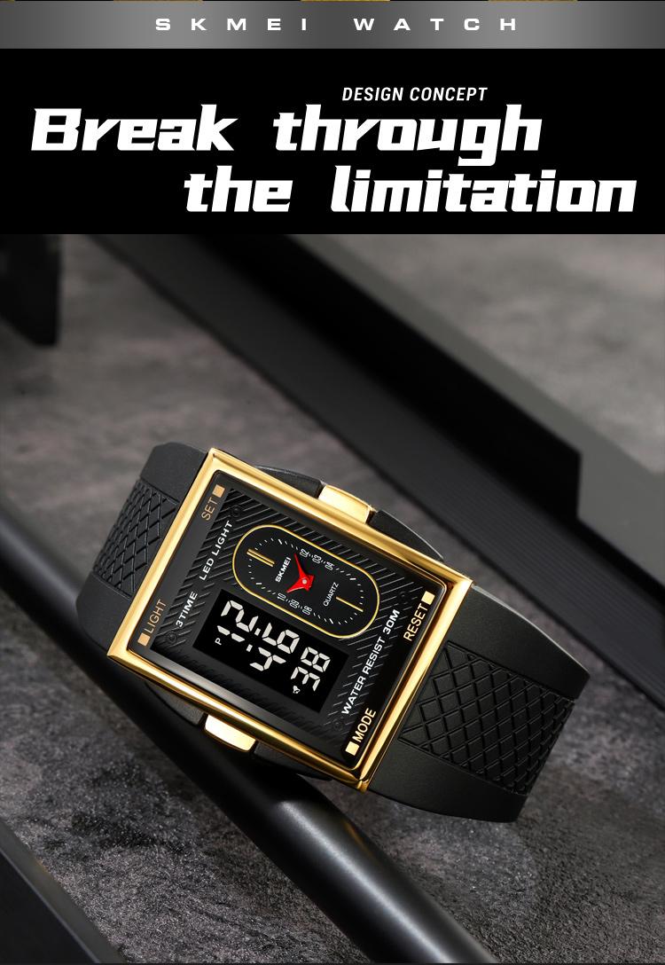 SKMEI Men's Durable Casual Digital Wristwatch - Gold-Dipped, Battery-Operated, 30M Waterproof, Hardlex Glass Dial, Multi-Functional LED, Gold-Accented Metal Frame, Black Band, 3 Time Zones, Stopwatch, Alarm, Date & Week Display, Casual Watch detail 3