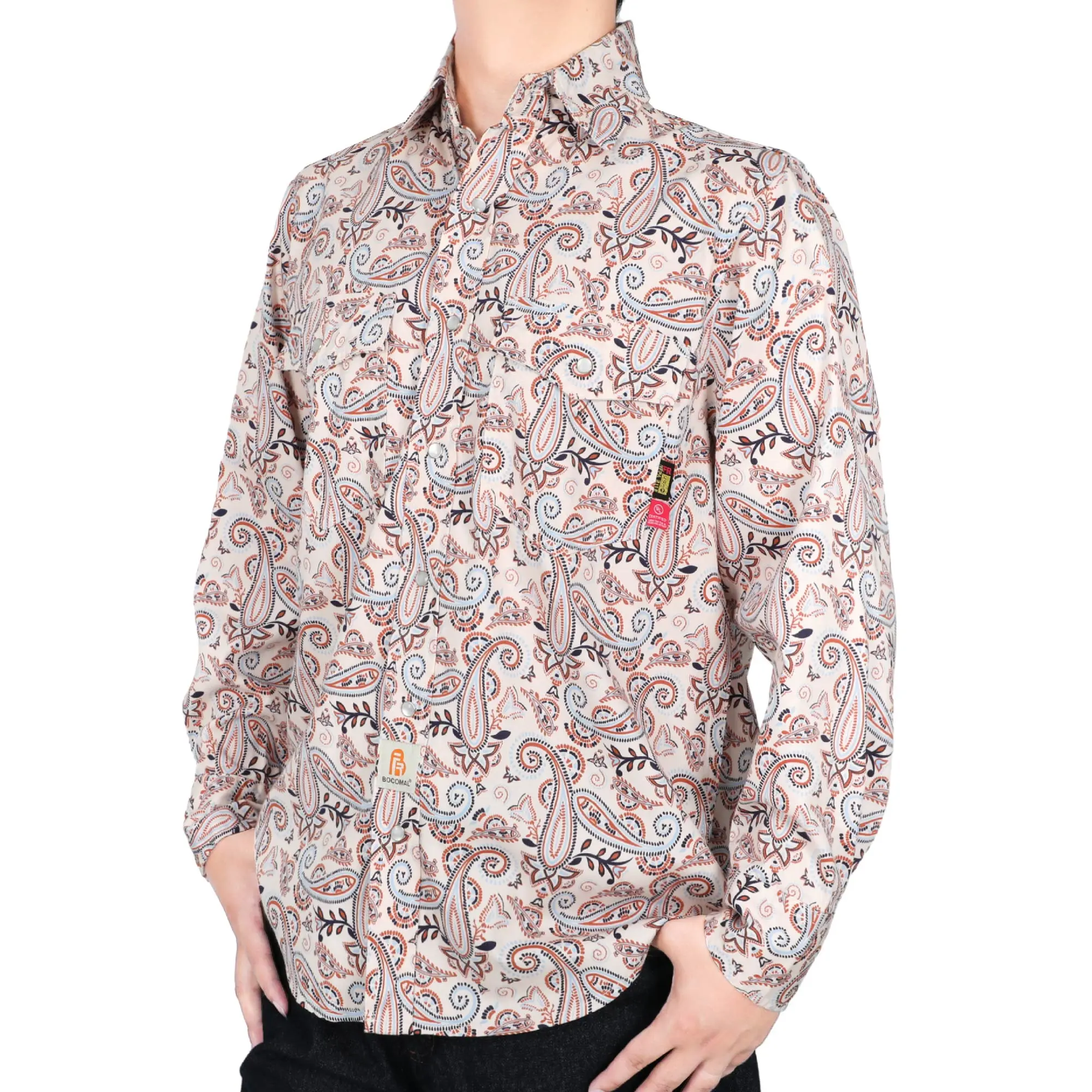Men's 6.5 oz Lightweight Printed Flame-Resistant Flash Top, Pearl Snap Closure, Pockets, Durable Menswear Fabric, Casual