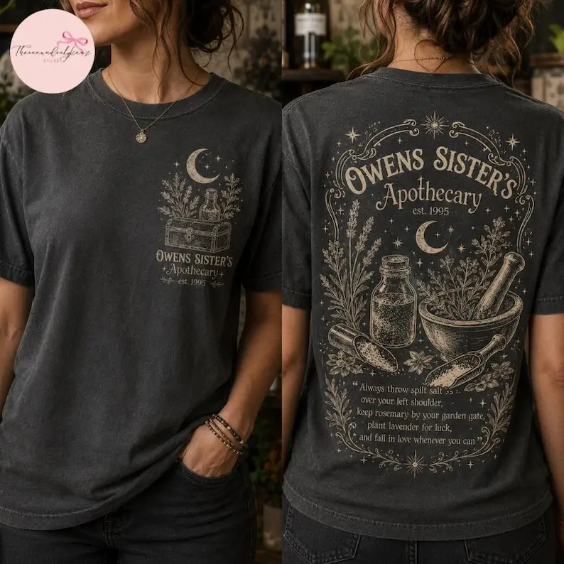 Owens Sisters Apothecary Halloween T-shirt - Sweatshirt - Hoodie, Practical Magic Witchy Graphic T-Shirt, Vintage Moon Herb Cottagecore Spooky Season Tee