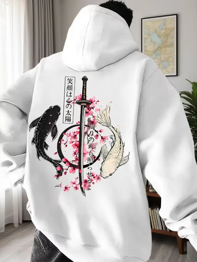 Japanese Koi Fish Samurai Sword Cherry Blossom Back Print Pullover Hoodie, Asian Street Style Casual Hooded Sweatshirt