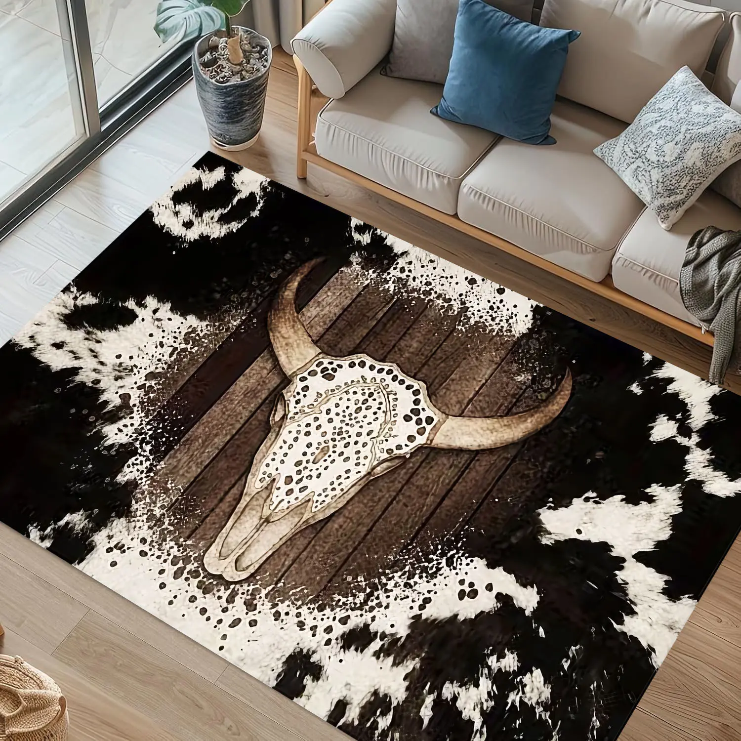 Vintage Western Cowhide Pattern Black & White Spots Large Rectangular Floor Mat Machine-Washable Non-Slip with Plastic Backing for Living Room Bedroom Office, Print Rug, Unique Rugs
