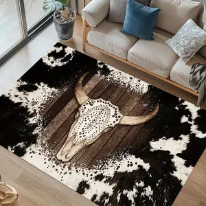 Vintage Western Cowhide Pattern Black & White Spots Large Rectangular Floor Mat Machine-Washable Non-Slip with Plastic Backing for Living Room Bedroom Office