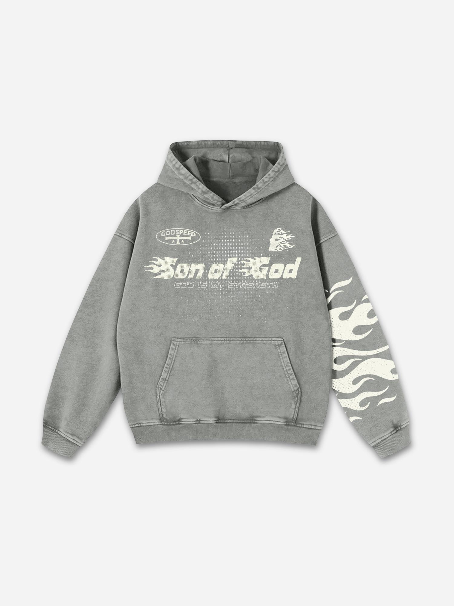 Sopula Studio Men's Sopula Vintage Flame Jesus Son of God Graphic Washed Hoodie Menswear Sweatshirts 100% Cotton Printed Casual Long Sleeve Streetwear