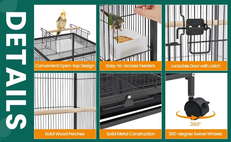 Yaheetech  35-Inch Wrought Iron Bird Cage with Rolling Stand Open-top Parrot Cage For Small-sized Birds Black