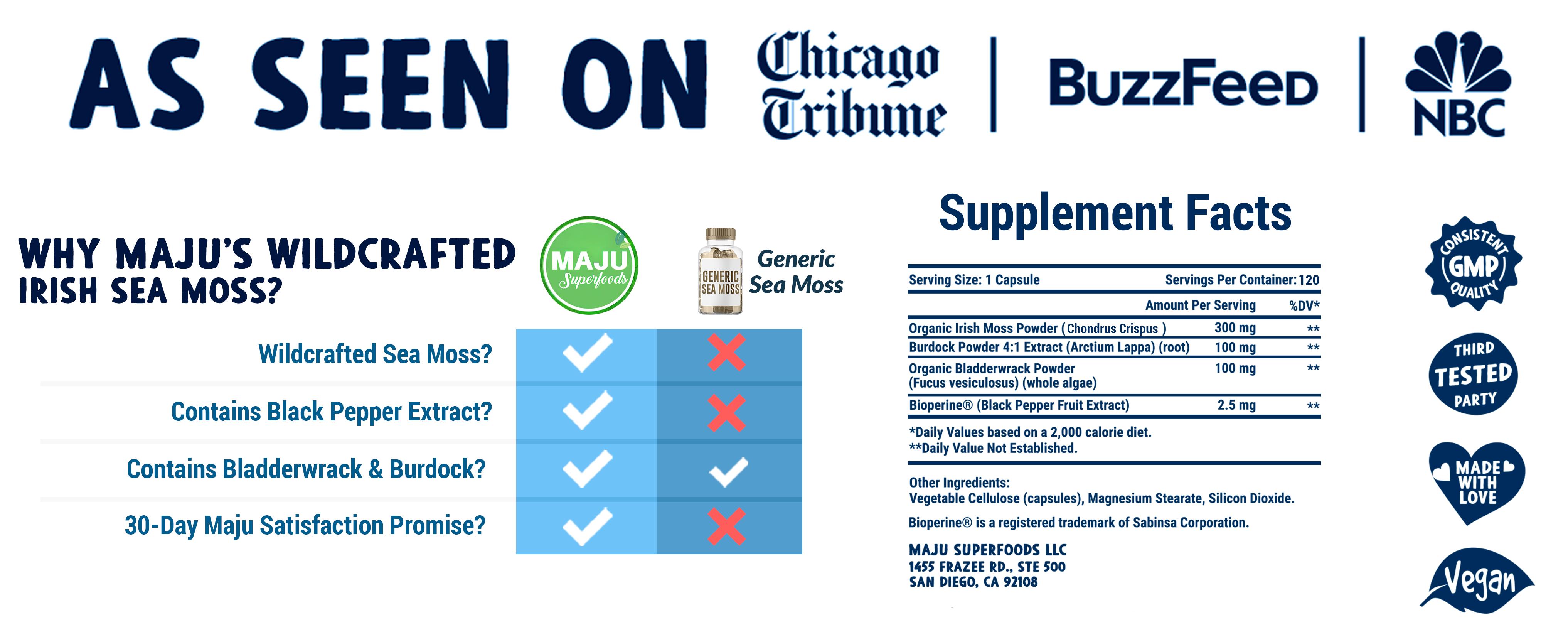 MAJU Wild Sea Moss Capsules (120ct) - Nutritious 4-in-1 Vitamin, Edible Dietary Health Supplement, Healthcare Fitness, Promote Bathroom Regularity