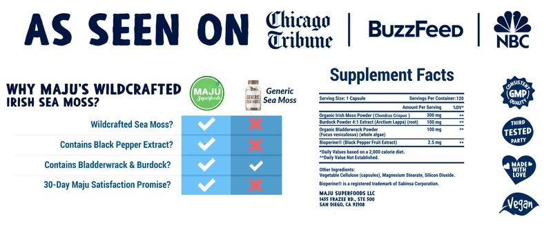 MAJU Wild Sea Moss Capsules (120ct) - Nutritious 4-in-1 Vitamin, Edible Dietary Health Supplement, Healthcare Fitness, Promote Bathroom Regularity