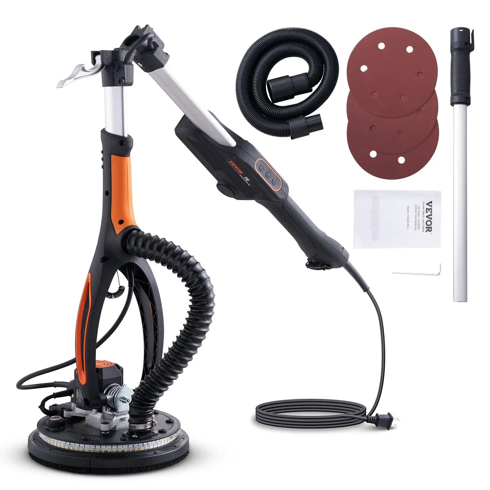【FathersDayGift】VEVOR Drywall Sander (Dust Bag not Included), 800W Brushless Motor Electric Sander, Variable Speed 1000-2300 RPM Wall Sander, Foldable Ceiling Sander with Double-Deck LED Lights, Extendable Handle, 12 Sanding Discs
