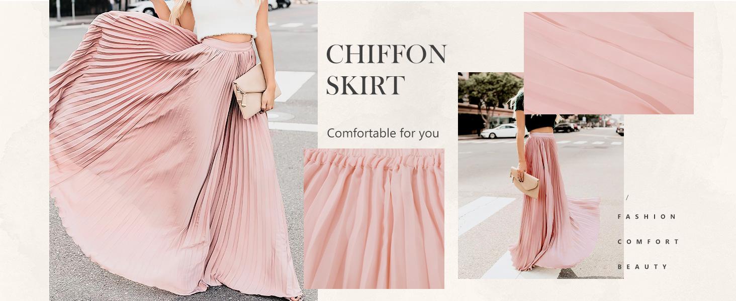 Ebossy Women's High Waist Flowy Pleated Chiffon Maxi Skirt - Casual Loose Fitted, Elastic Waist, Summer Fall Winter Wear, Basic Minimalist Design Womenswear