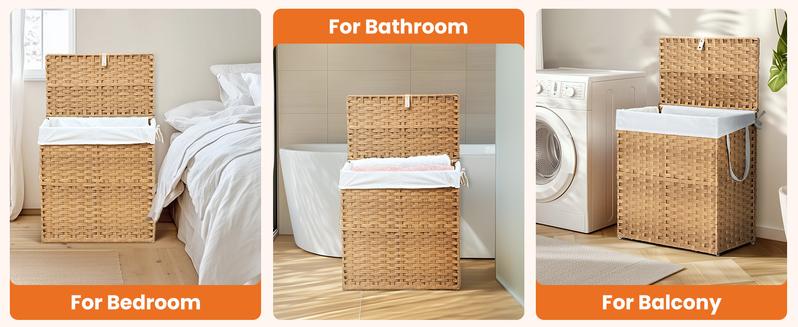 90L/110L Woven Rattan Laundry Hamper with Adjustable Lid, Dirty Clothes Busket, Foldable, Steel Frame, Machine Washable for Home, Bathroom, Bedroom