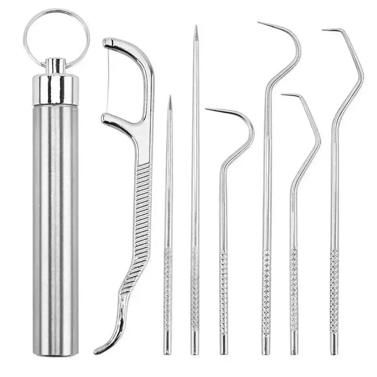 7Pcs Portable Stainless Steel Dental Pick Tool Set Reusable Metal Toothpicks with Storage Tube Holder, Deep Clean Teeth Stains Plaque Remover Oral Care Kit For Travel Camping Picnic Daily Use