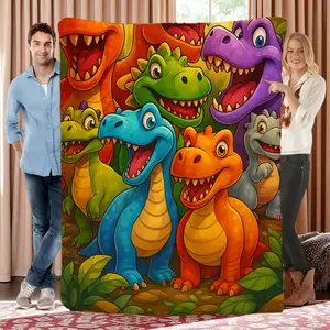 Colorful Cartoon Dinosaur Collage Fleece Blanket | Vibrant Dino Gang Print | Ultra Soft Cozy Flannel | Kids Bedroom/Playroom Essential | Perfect Gift for Dino Lovers
