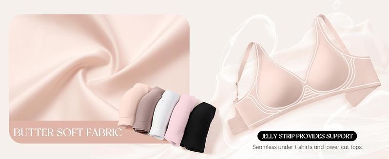 OEAK 2PCS Women's Comfortable Wireless Jelly Bras Push Up Bralettes Seamless T-Shirts Deep V Everyday Bras - Womenswear