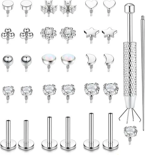 16G Flat Back Stud Earrings for Women - Hypoallergenic Surgical Steel Internal Thread Stud Piercing Jewelry for Tragus Helix Cartilage Conch Nose 6MM 8MM 10MM Lip Labret Medusa Piercing