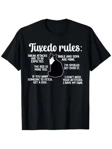 Funny Tuxedo Cat Rules T-Shirt - Black with White Text - Cat Lovers - Sizes S-XXXL - Machine Washable Everyday & Special Occasion Shirt - Perfect Gift for Pet Owners, Cat Tshirt, Playful Design