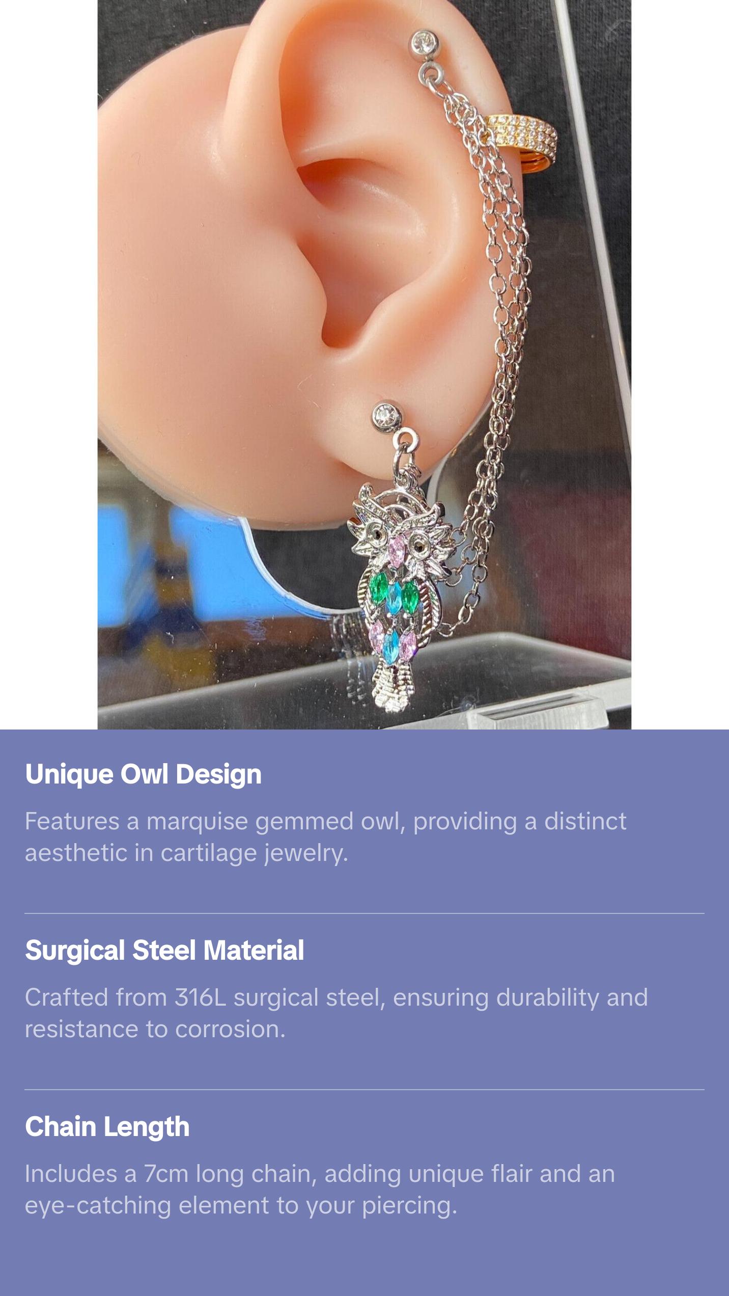 Steel Chain Linked Marquise Gemmed Owl Cartilage Tragus Helix Barbell Jewelry