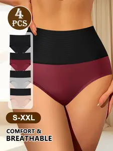 QUASTI 4PCS High Waisted Underwear for Women Color Blocking Edge Design Comfortable Breathable High Elasticity Cinching Lifting Buttocks Everyday Wear S-XXL - Elegant