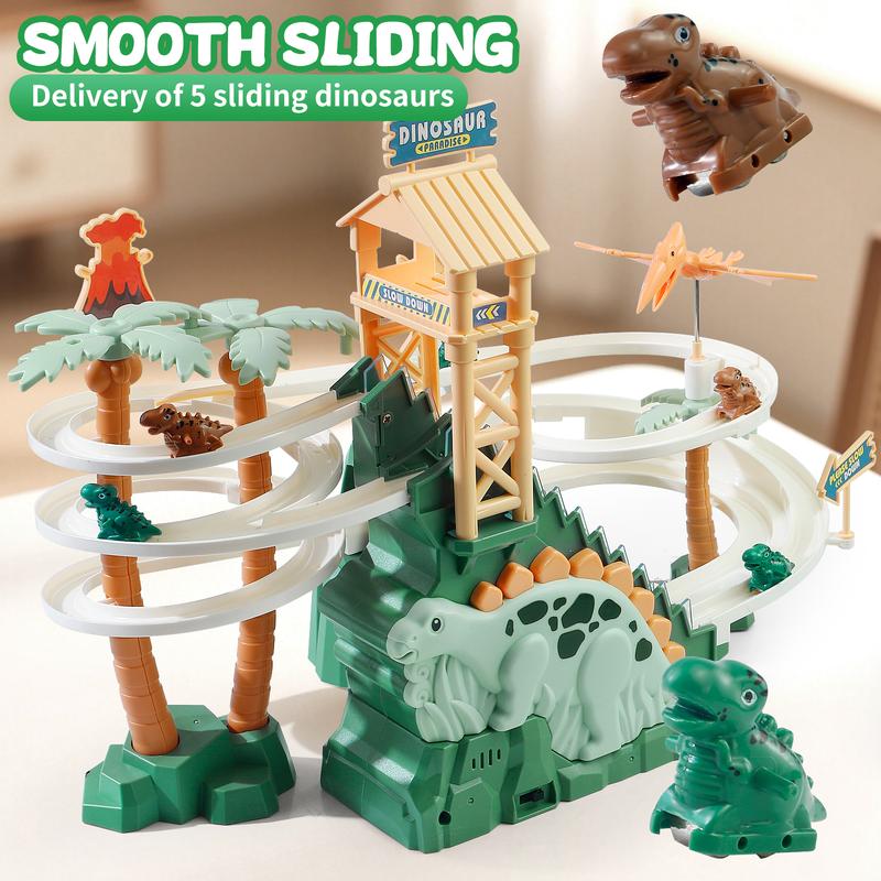 Dinosaur Climbing Slide Toy for Kids with Lights & Music 5 Mini Dinosaur Cars Double Loop Race Track Game Set Stair Climbing Toy for Boys and Girls Interactive Race Track for Toddlers Ages 2+