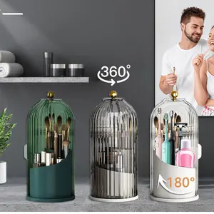 Makeup Brush Holder Organizers with Transparent Door Lid 360 Rotating Clearance Makeup for Vanity Bathroom Desktop Countertop Storage Make up Container Spinning Brush Holder