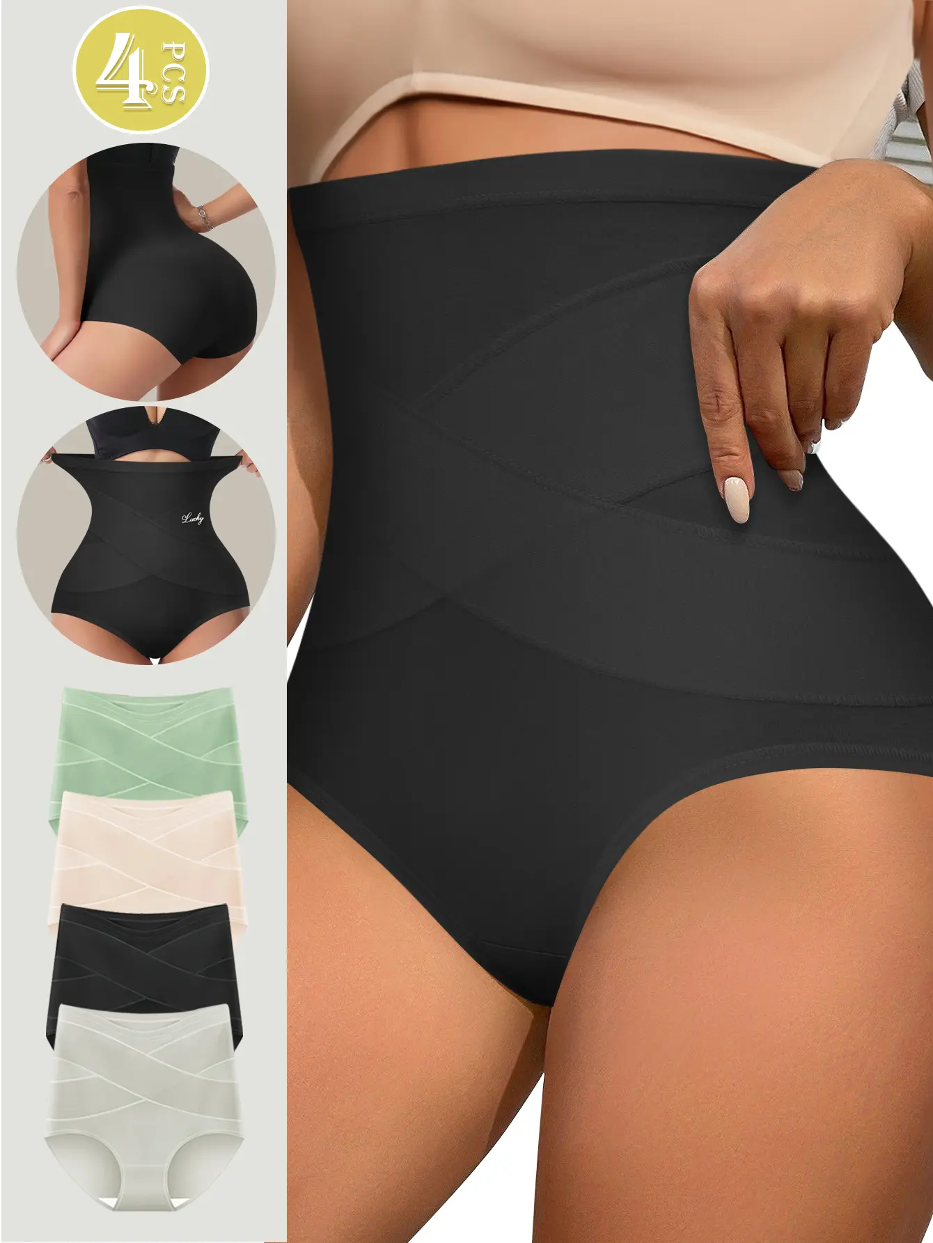 QUASTI 4-Piece High-Waisted Elegant Cotton Tummy Control Women's Panties, Crossover and Buttock Hip Lifting Panties, Soft, Breathable, Highly Elastic and Skin-Friendly Shapewear Womenswear, Sizes S-5XL