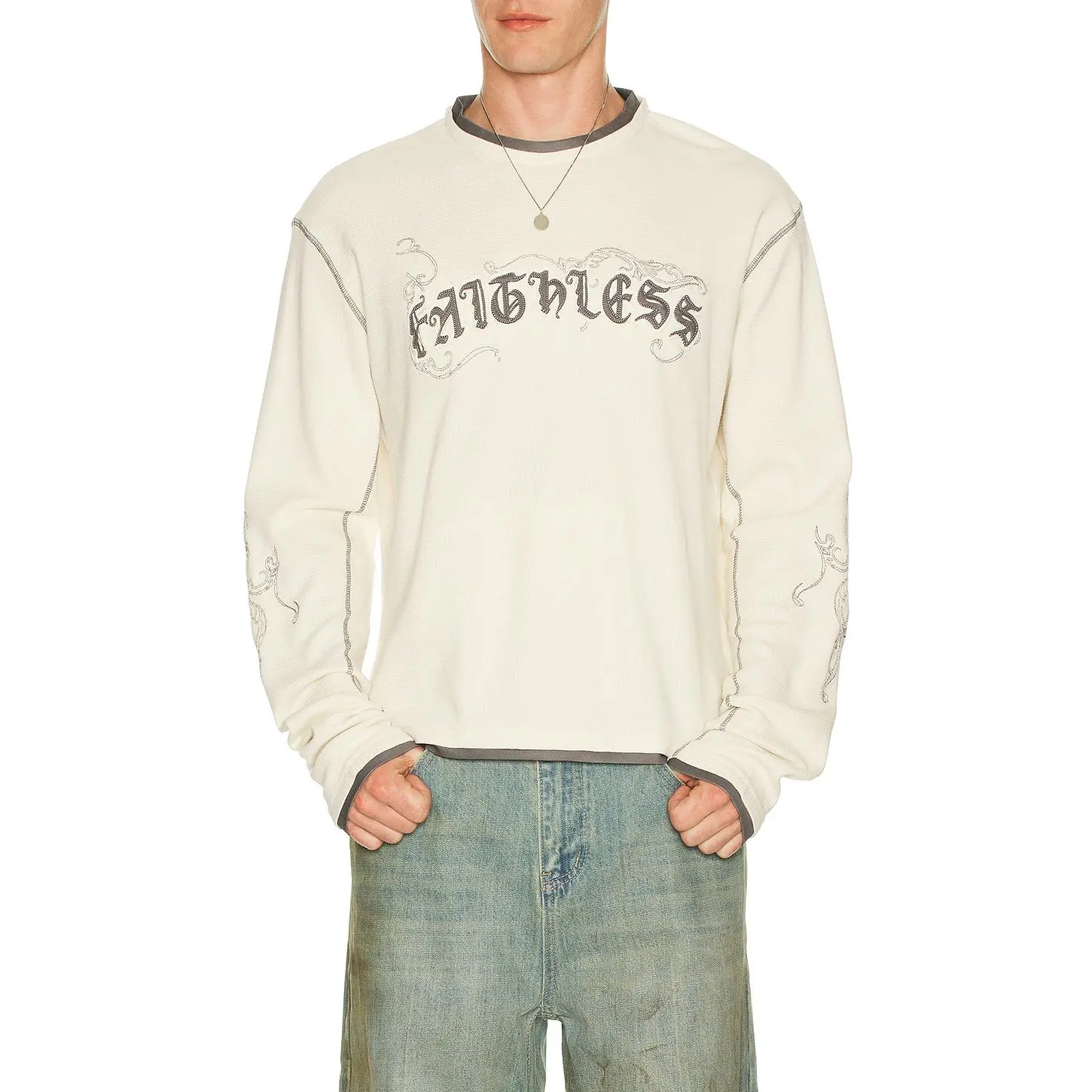 Jaded London Faithless Rib Cross Applique Long Sleeve Tee in Cream