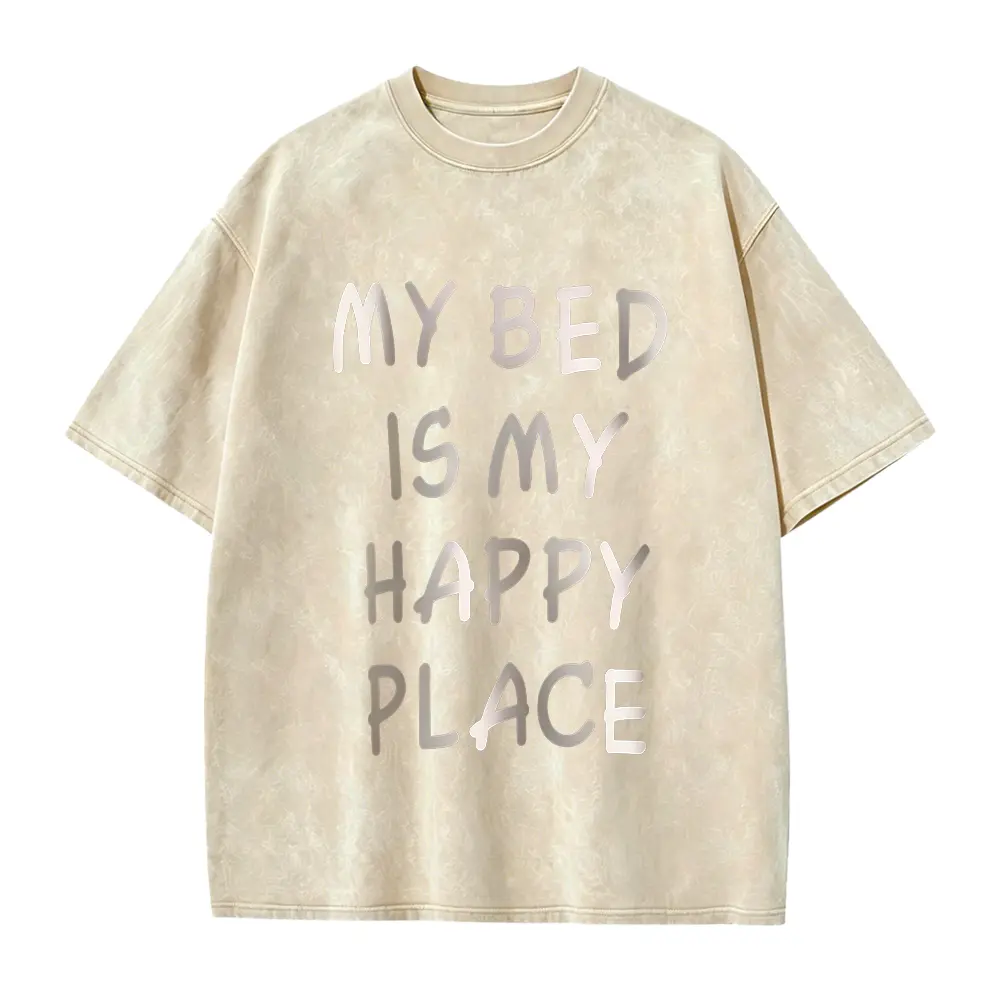 Women'S "My Bed is My Happy Place" Graphic Print Sleepshirt Dress - Casual Crew Neck, Short Sleeve, Stretchy Polyester Blend, Machine Washable - Spring/Summer Style, White with Black Lettering, Comfortable Nightwear