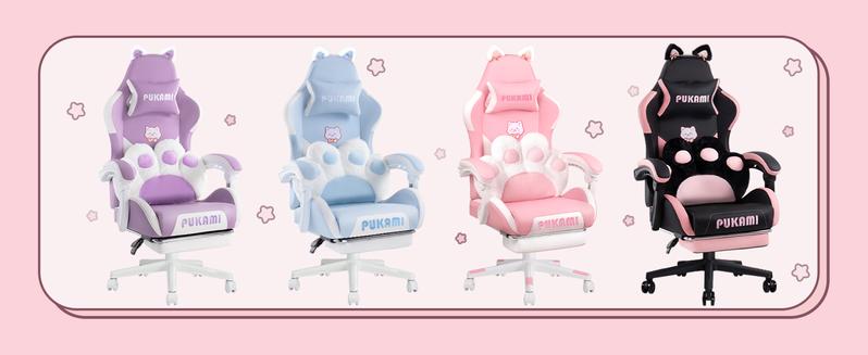 PUKAMI Pink Gaming Chair with Cute Cat Ears and Cat Paw Cushion Pillow,Ergonomic Gaming Chair for Teen with Footrest and Headrest Pillow,Pink Reclining Game Chair for Girl